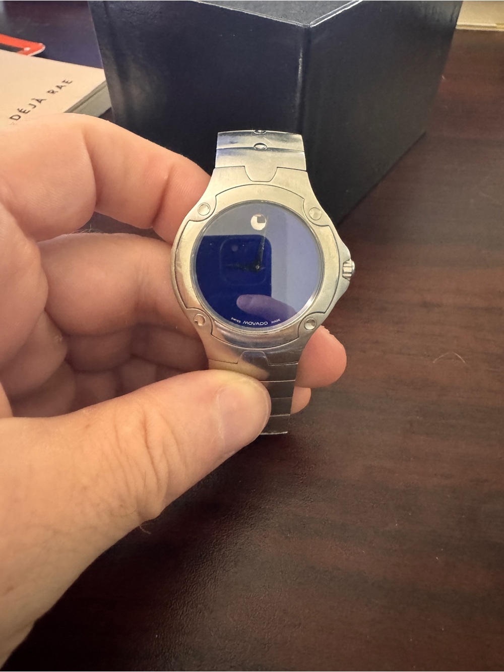Movado Silver Stainless Steel Watch with Blue Dial